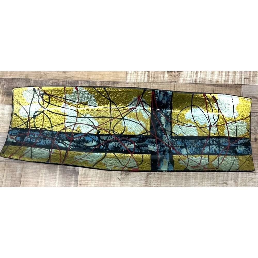 Gold & Multicolor Handcrafted Fused Glass Decorative Tray With Abstract Design